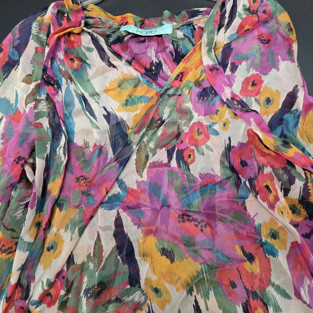 Karlie Floral Multicolor Women's Top Size L Sheer Long Sleeve